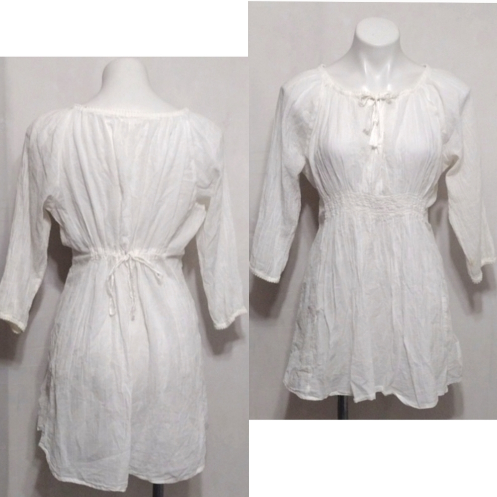 Athleta White Sheer Cotton Raglan Sleeve Cover Up Tunic Dress Medium Resortwear